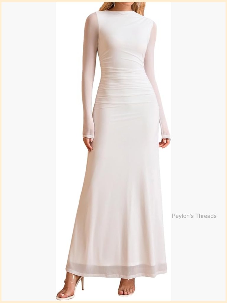 Women Long Sleeve Bodycon Floral Maxi Dress Ruched A Line Formal Party